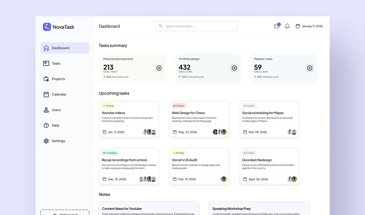 Novatask todo web app demo interface